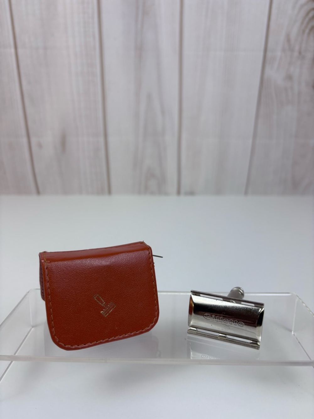 Vintage Gillette Travel Tech Safety Razor Leather Case Compact Silver Brown